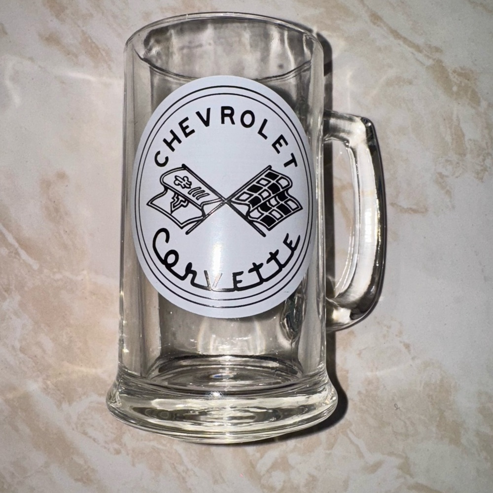 Vintage Chevrolet Corvette Clear Glass Beer Mug Black & White ACL Painted Label